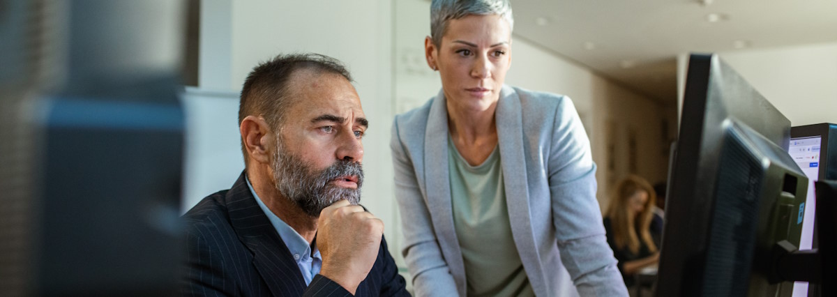 2 mature business people looking at a computer screen